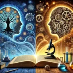 DALL·E 2024-11-23 09.47.03 - A visually striking image symbolizing the fusion of thought and science. On one side, an open book with glowing philosophical symbols like a tree of l