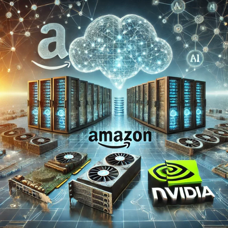 DALL·E 2024-11-23 11.25.12 - A futuristic and high-tech representation of Amazon's investment in artificial intelligence, featuring advanced data centers, cloud computing, and AI