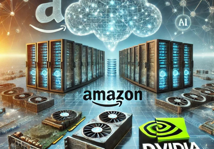 DALL·E 2024-11-23 11.25.12 - A futuristic and high-tech representation of Amazon's investment in artificial intelligence, featuring advanced data centers, cloud computing, and AI