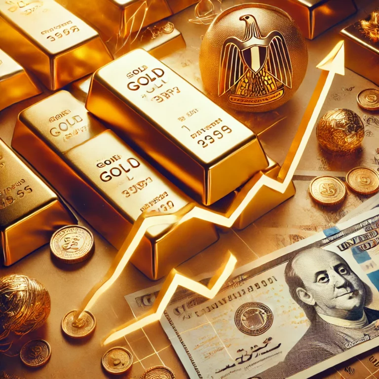 DALL·E 2024-11-23 15.18.40 - A visually engaging image representing the forecast of gold prices in Egypt, featuring gold bars, Egyptian currency, and a fluctuating financial graph