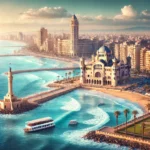 DALL·E 2024-11-23 15.24.17 - A scenic winter view of Alexandria, Egypt, highlighting famous landmarks such as the Qaitbay Citadel by the sea, the iconic Bibliotheca Alexandrina wi