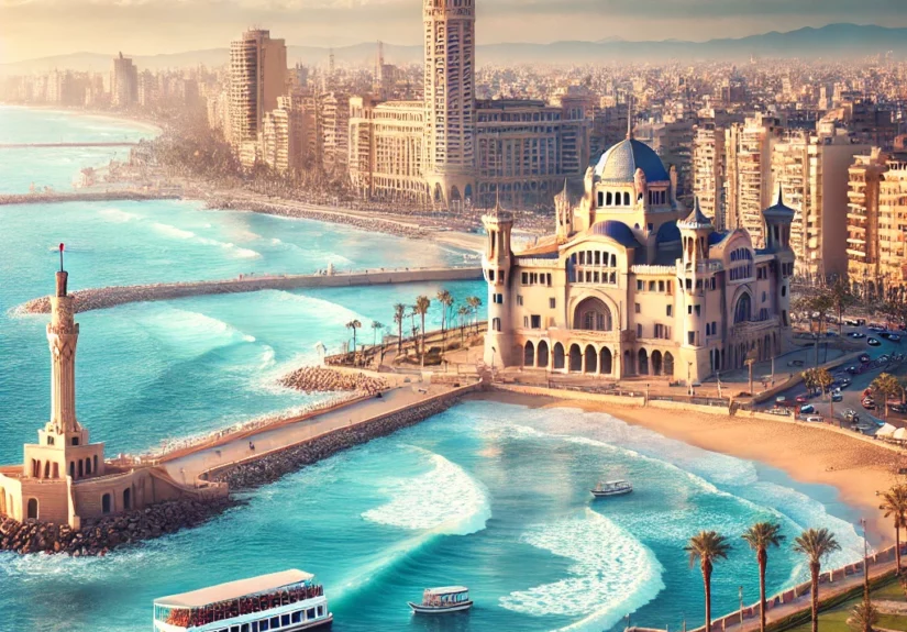 DALL·E 2024-11-23 15.24.17 - A scenic winter view of Alexandria, Egypt, highlighting famous landmarks such as the Qaitbay Citadel by the sea, the iconic Bibliotheca Alexandrina wi