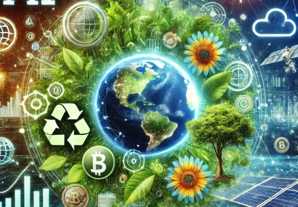 DALL·E 2024-11-23 15.35.15 - A futuristic representation of global trends shaping the future, including digital transformation with AI symbols, sustainability with greenery and so