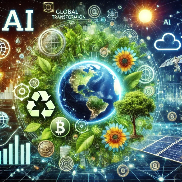 DALL·E 2024-11-23 15.35.15 - A futuristic representation of global trends shaping the future, including digital transformation with AI symbols, sustainability with greenery and so