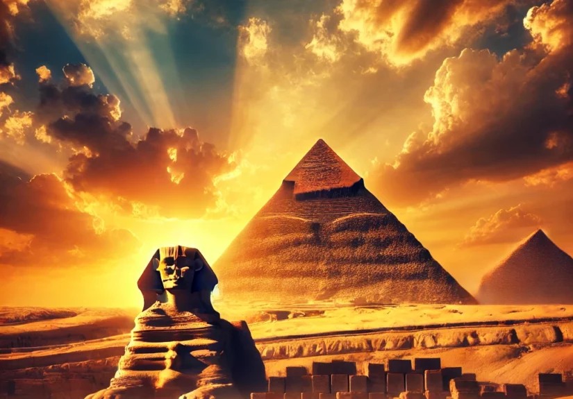 DALL·E 2024-11-23 17.16.06 - A breathtaking and highly detailed image of the Great Pyramids of Giza and the Sphinx, under a golden sunset sky with dramatic lighting. The scene inc