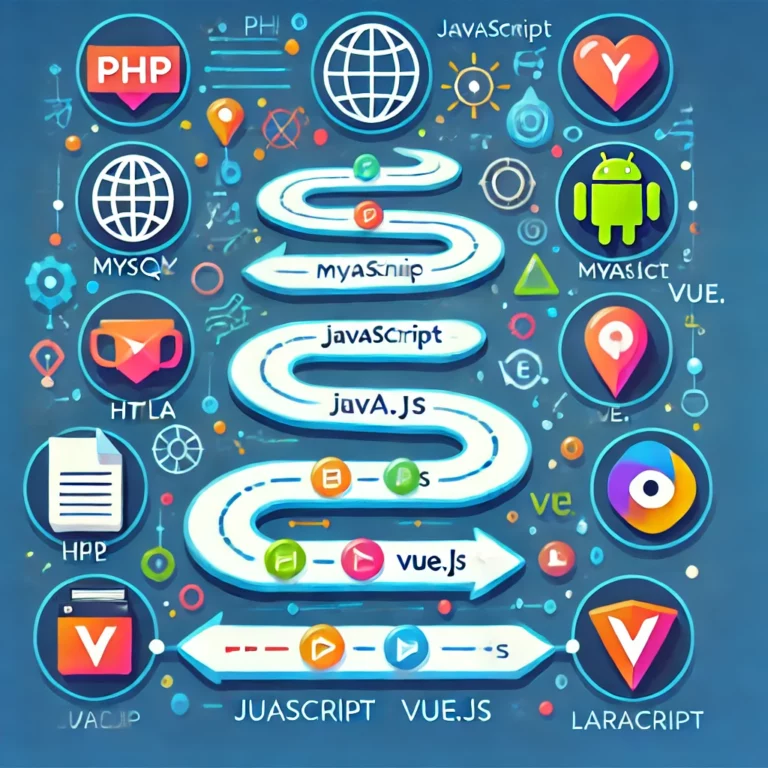 DALL·E 2024-11-25 11.48.33 - A creative and visually engaging illustration representing a roadmap for learning Laravel programming for beginners. The image should feature icons or